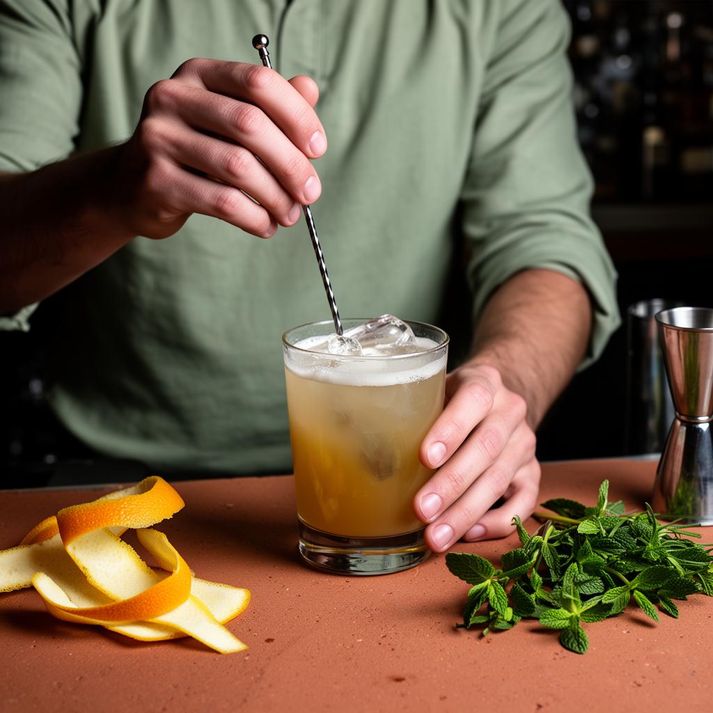 Bartender stirring a craft cocktail with fresh citrus and herbs on a terracotta bar top