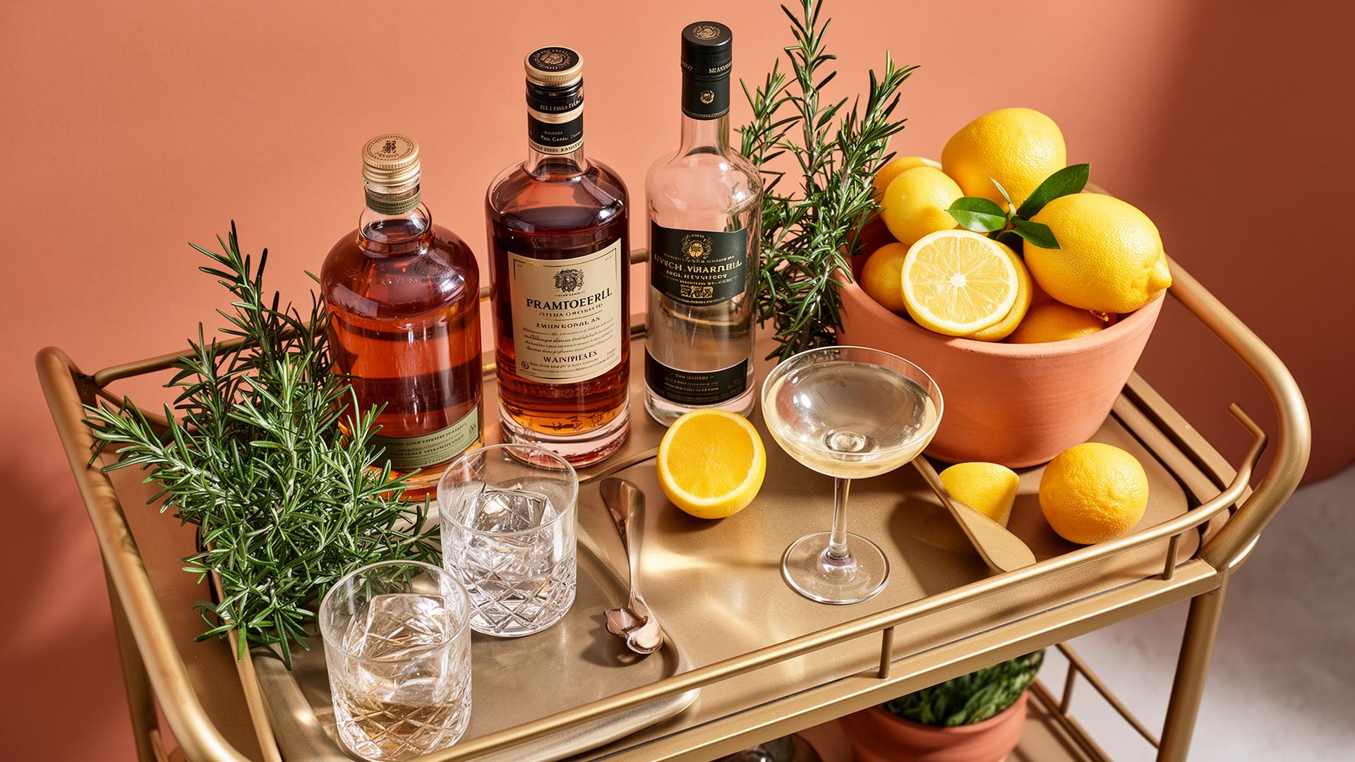 Styled bar cart with premium spirits, fresh citrus, rosemary, and crystal glassware